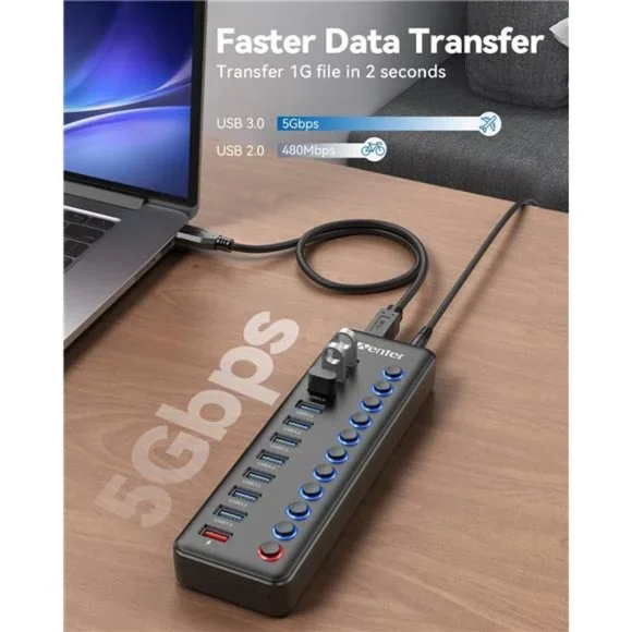Powered USB Hub 3.0, Wenter 11-Port USB Splitter Hub